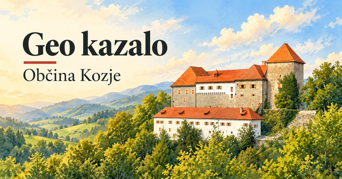 Ilustracija gradu Podsreda in kozjanske pokrajine z napisoma Geo kazalo in Občina Kozje.